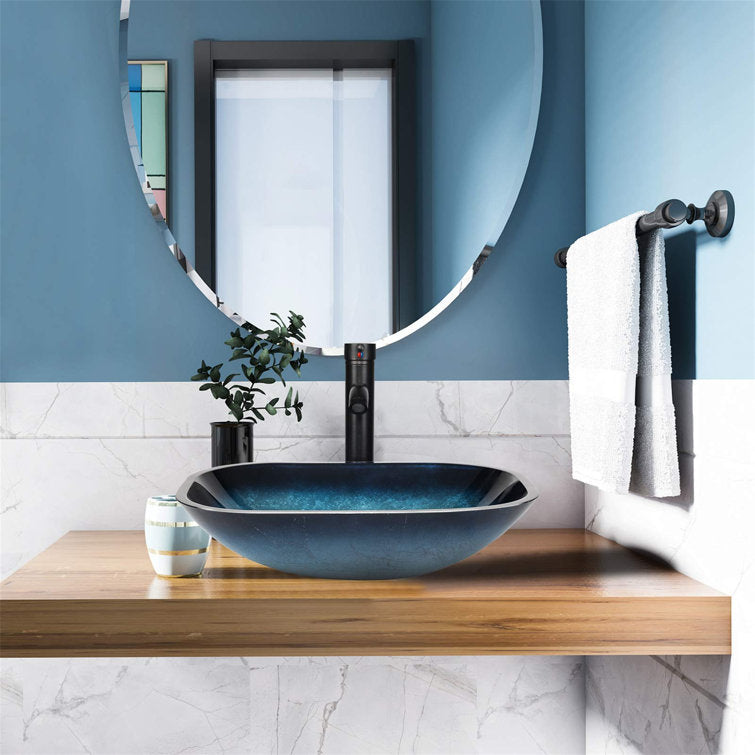 14.8'' Ocean Blue Glass Rectangular Vessel Bathroom Sink with Faucet
