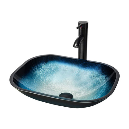14.8'' Ocean Blue Glass Rectangular Vessel Bathroom Sink with Faucet
